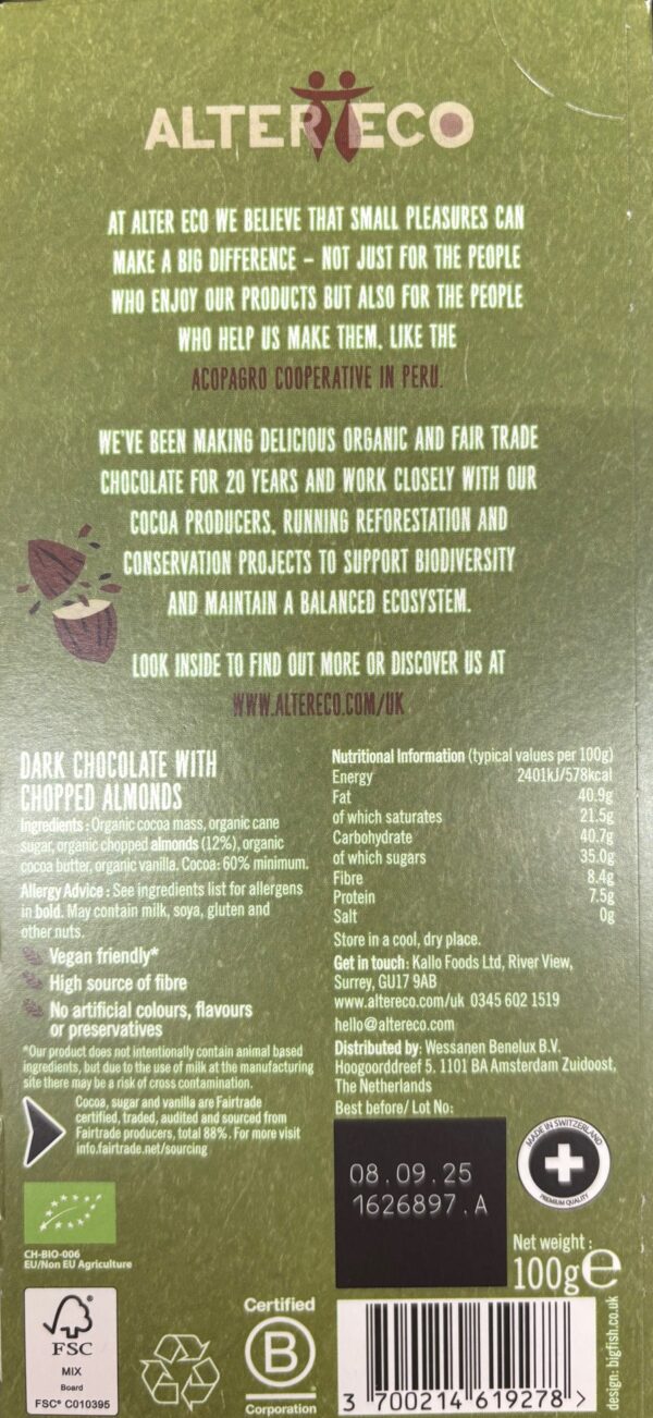 Back packaging of Alter Eco Almond Dark Chocolate with nutritional facts and information about the company