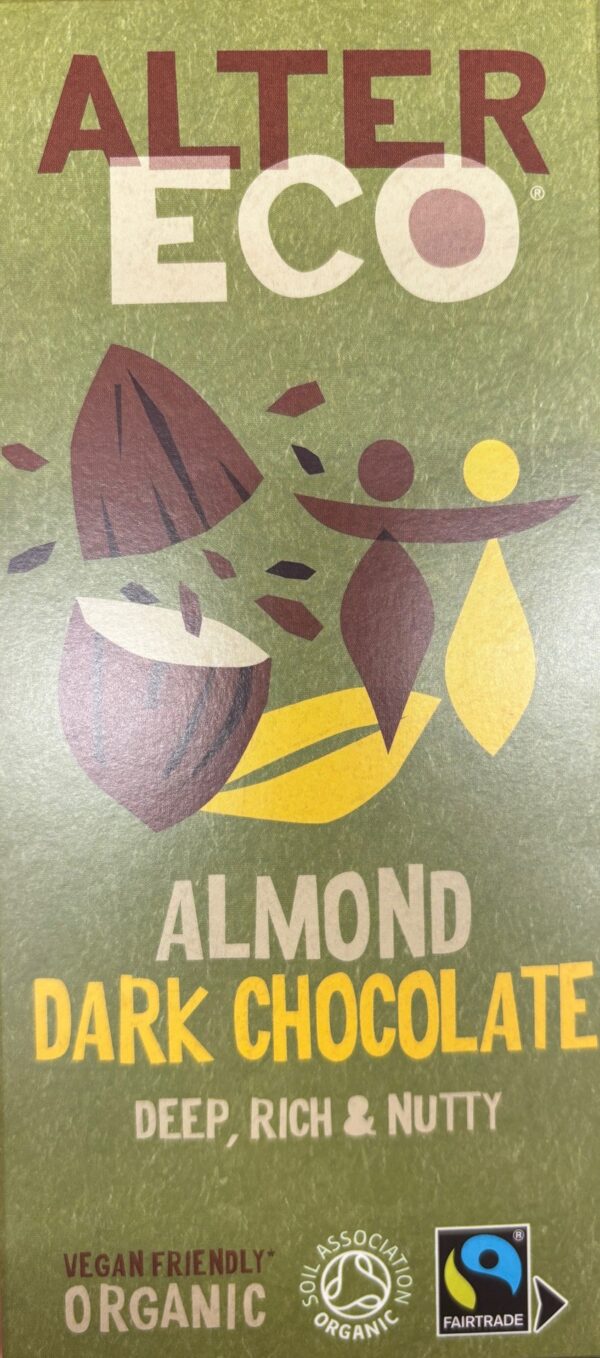 Front packaging of Alter Eco Almond Dark Chocolate with green background and image of a broken almond