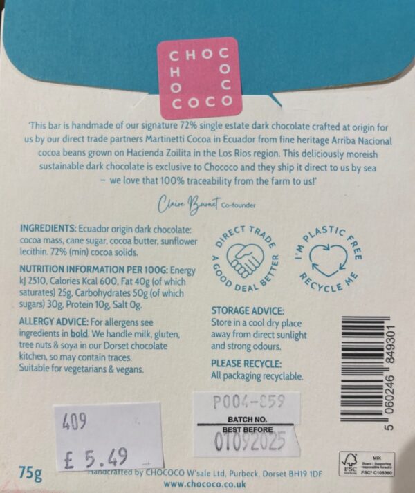 Back packaging of Chococo Delightful Dark 72% Ecuador Back with nutritional facts
