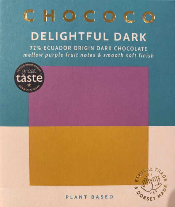 Front packaging of Chococo Delightful Dark 72% Ecuador Single Origin with color blocks of various colors