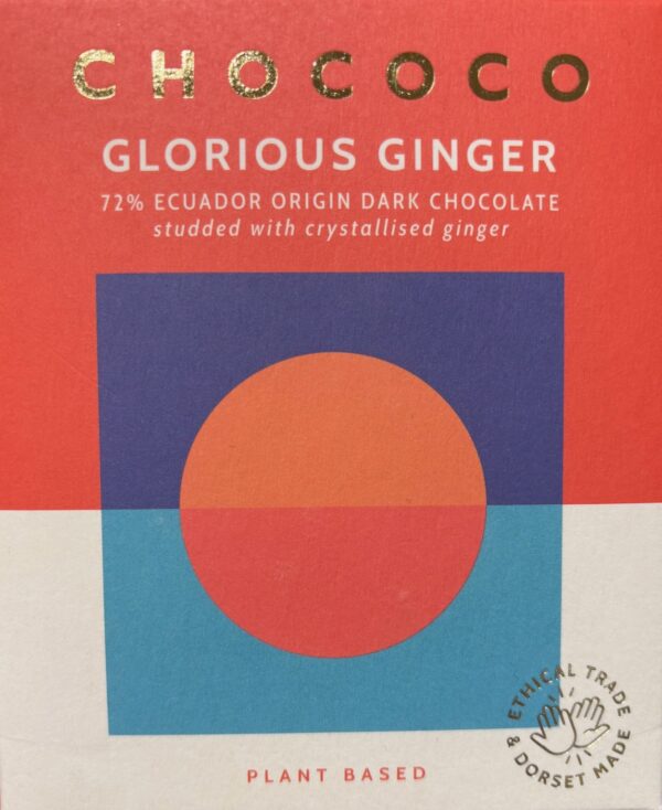 Front packaging of Chococo Glorious Ginger 72% Ecuador Origin with color blocks of various colors