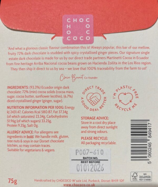 Back packaging of Chococo Glorious Ginger 72% Ecuador
