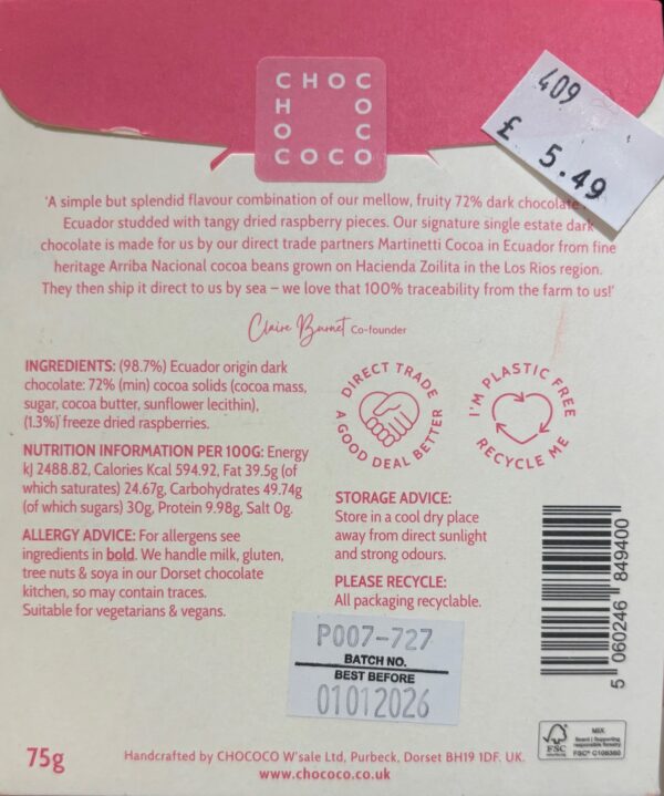 Back packaging of Chococo Ravishing Raspberry 72% Ecuador with nutritional facts