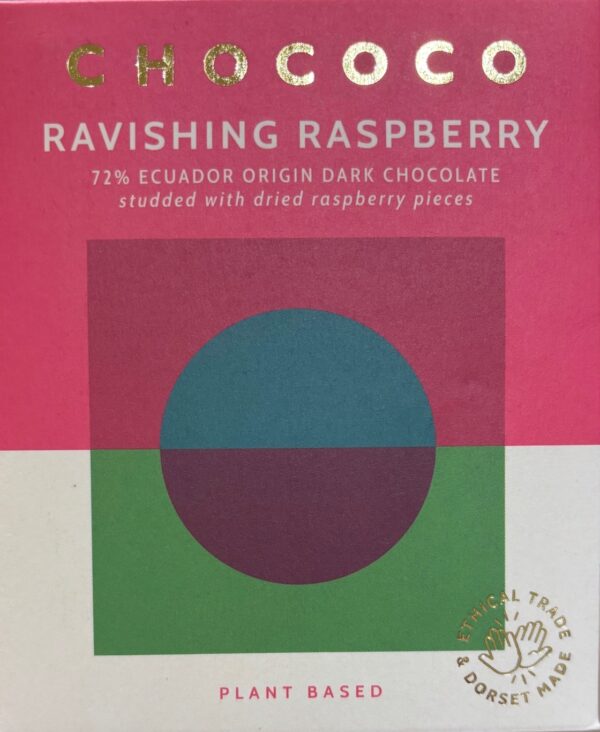 Front packaging of Chococo Ravishing Raspberry 72% Ecuador with color blocks of various colors