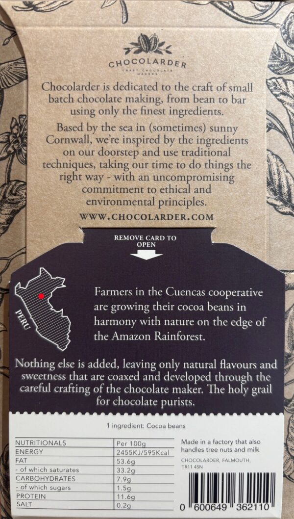 Back packaging of Chocolarder 100% Pure Dark Chocolate with information about the company and nutritional facts