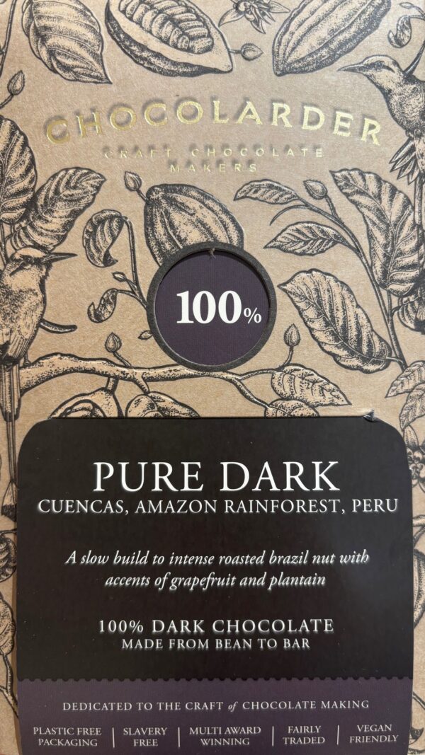 Front of Chocolarder 100% Pure Dark Chocolate with drawings of cacao beans and leaves