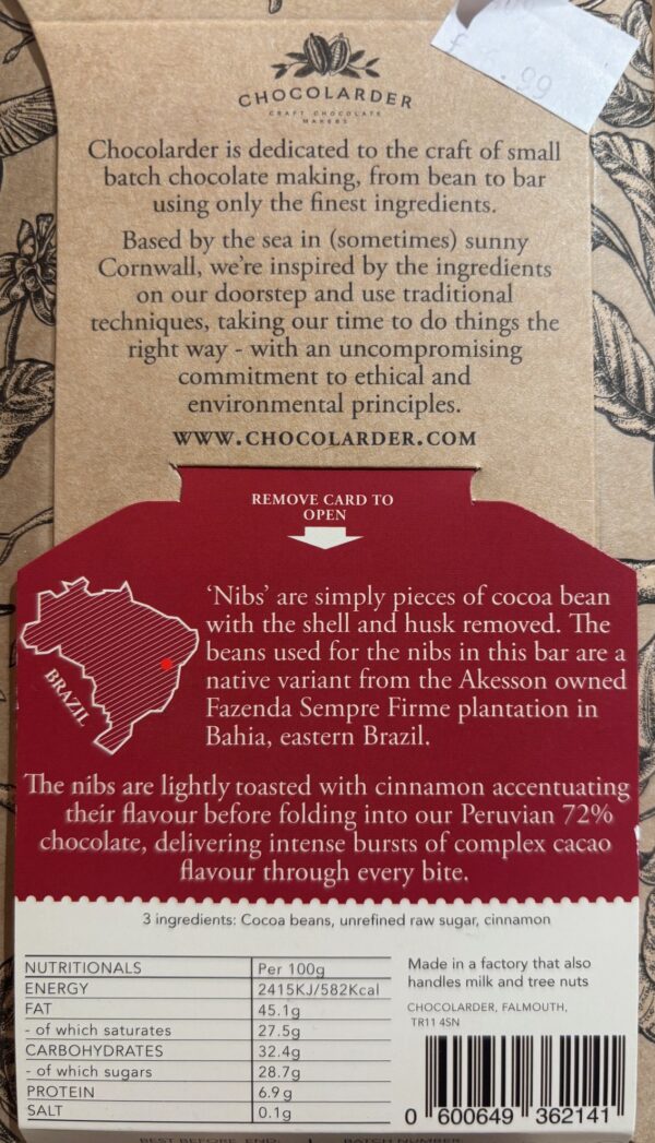 Back packaging of Chocolarder 74% Cinnamon Toasted Cacao Nibs with information about the company and nutritional facts