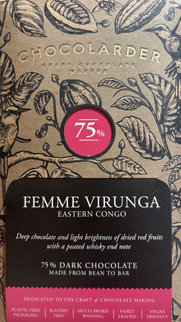 Front packaging of Chocolarder 75% Femme Virunga with drawings of cocao beans and leaves