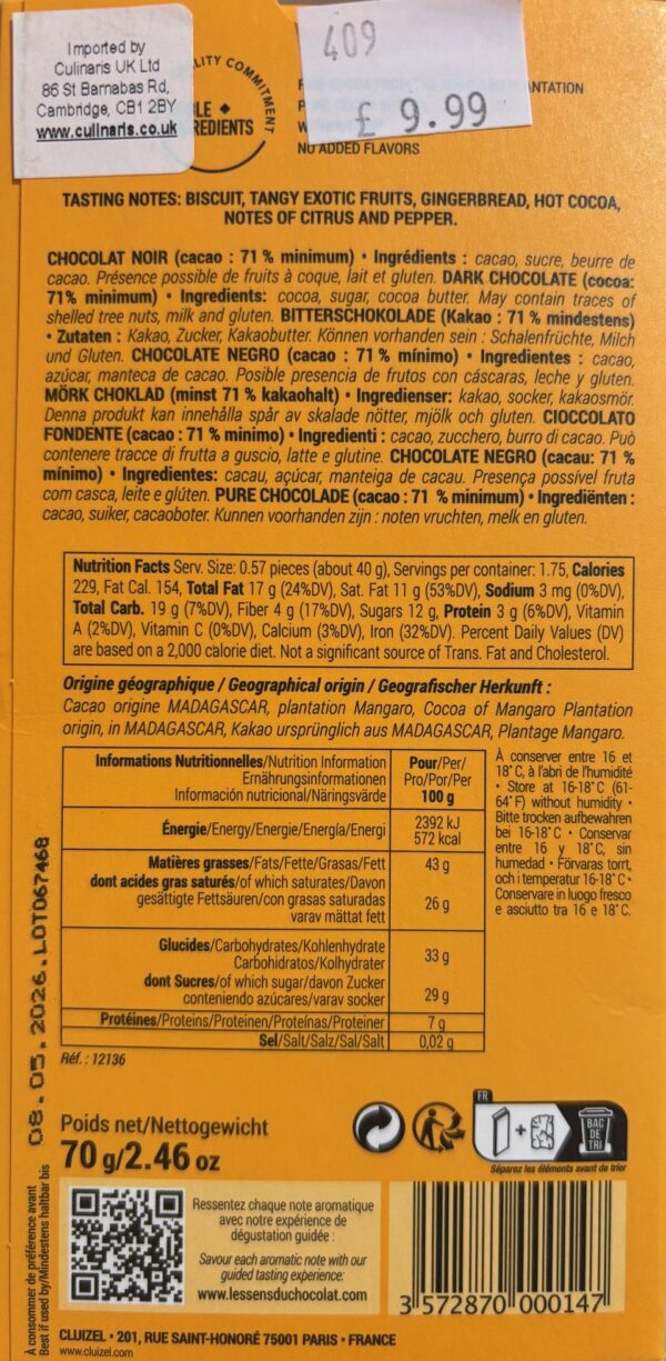 Back packaging of Cluizel Paris 71% Dark Chocolate Mangaro with yellow background and nutritional facts