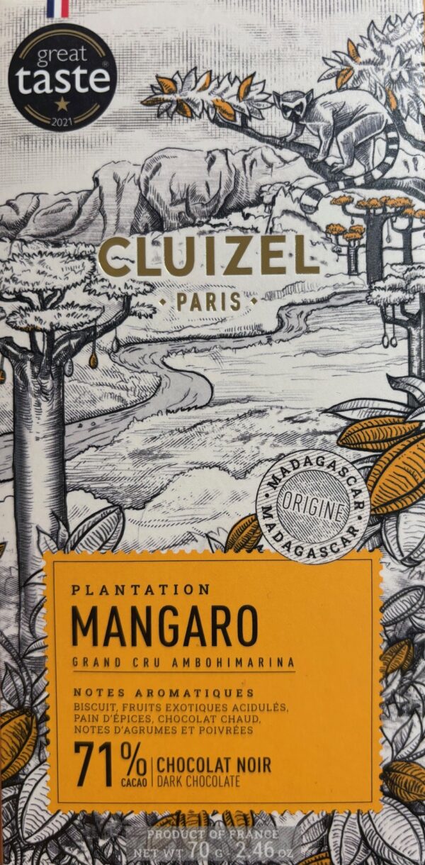 Front packaging of Cluizel Paris 71% Dark Chocolate Mangaro with drawings of the rainforest