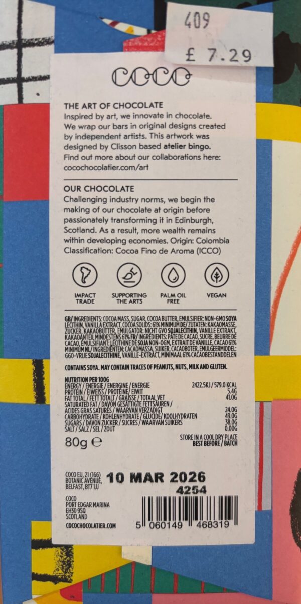 Back packaging of Coco Colombian Dark Chocolate 61% with nutritional facts