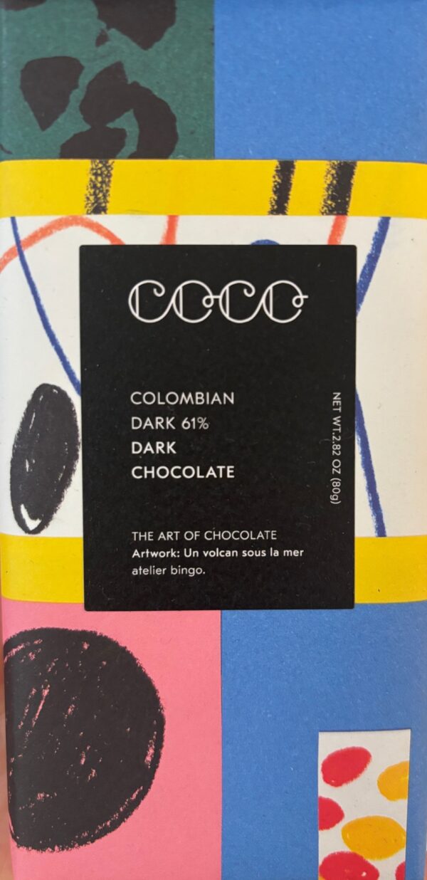 Front packaging of Coco Colombian Dark Chocolate 61% with color blocks