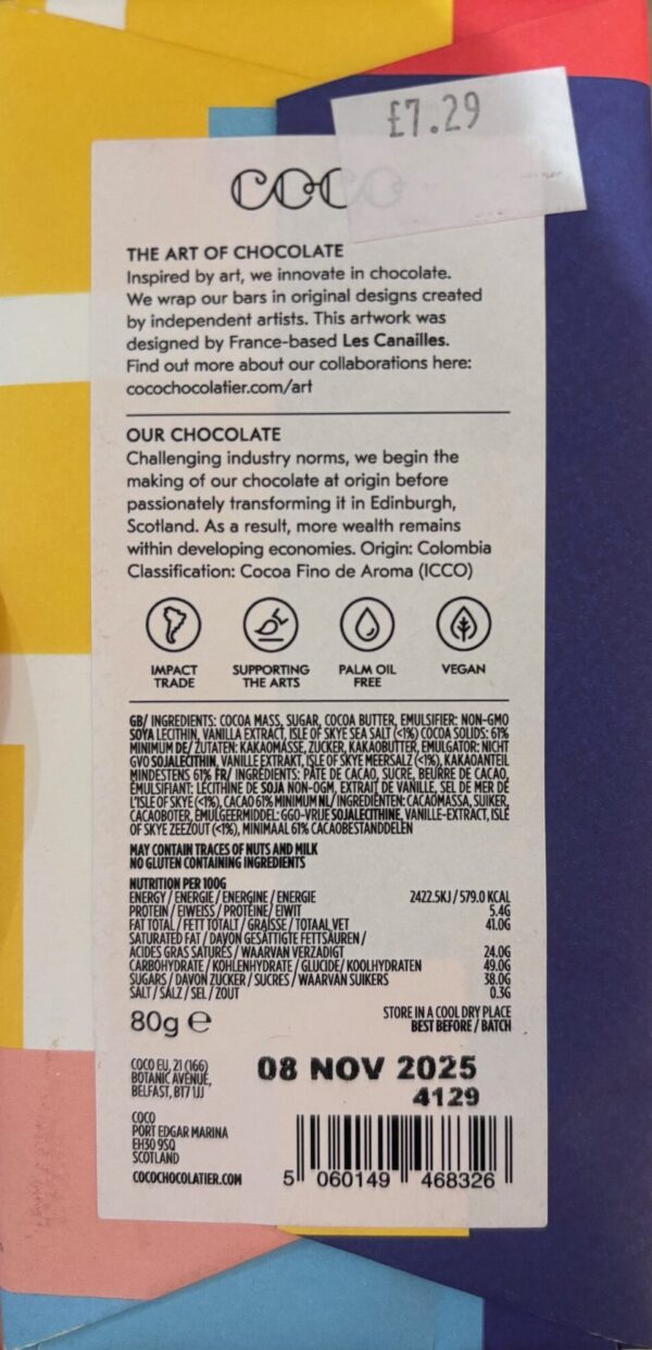 Back side of color block packaging of the Coco Isle of Skye Dark Chocolate with Sea Salt bar with nutritional facts