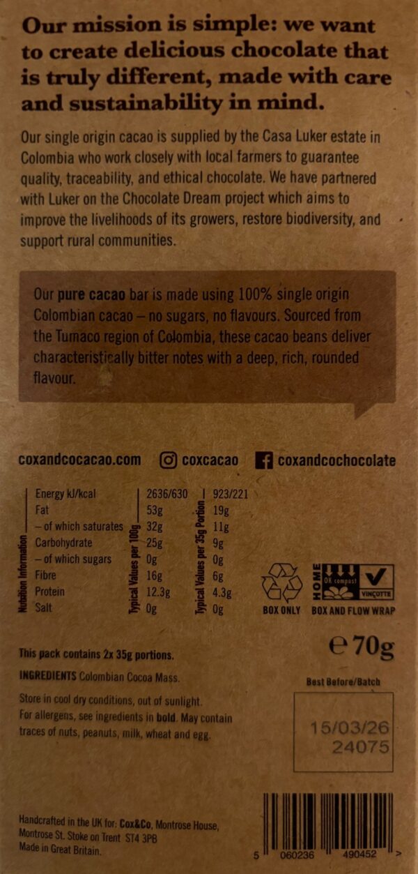 Back of Cox & Co 100% Dark Chocolate Colombian Cacao with nutritional facts