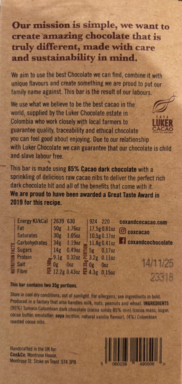Back packaging of Cox & Co 85% Dark Chocolate Columbian Cacao with nutritional facts