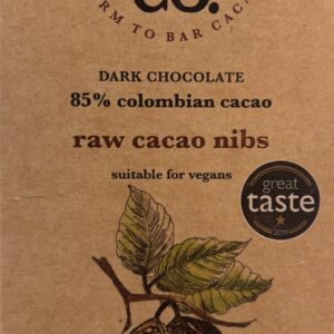 Front packaging of Cox & Co 85% Dark Chocolate Columbian Cacao Raw Cacao Nibs with sketch of a cacao bean in the front