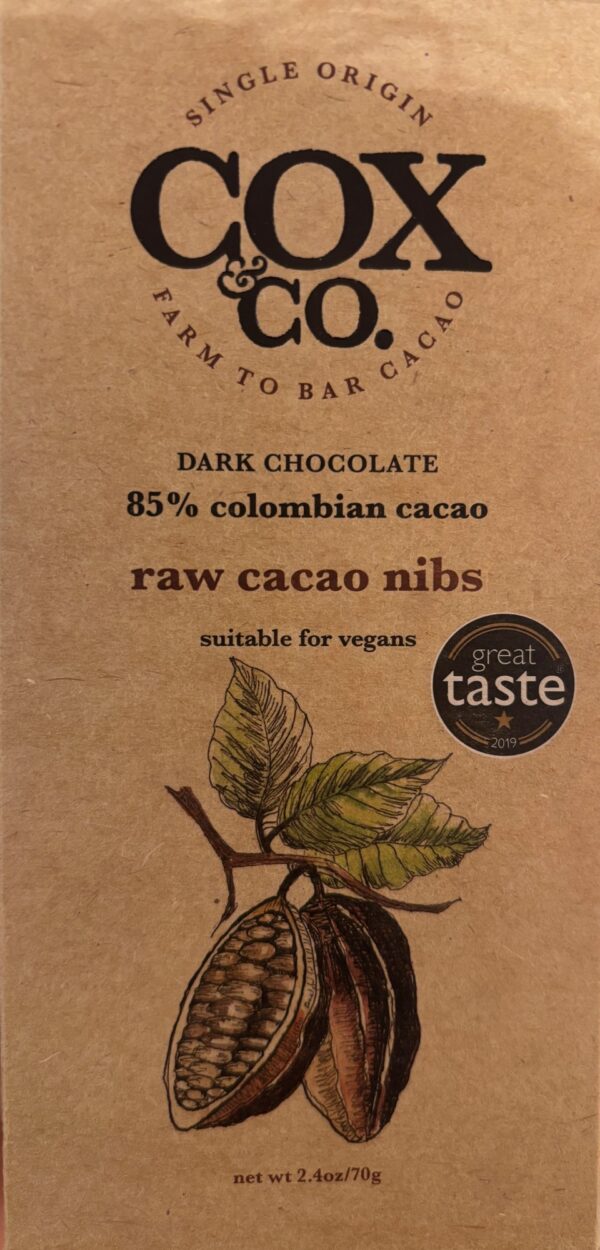 Front packaging of Cox & Co 85% Dark Chocolate Columbian Cacao Raw Cacao Nibs with sketch of a cacao bean in the front