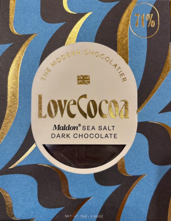 Front packaging of LoveCocoa Maldon Sea Salt Dark Chocolate with blue background and black and gold details