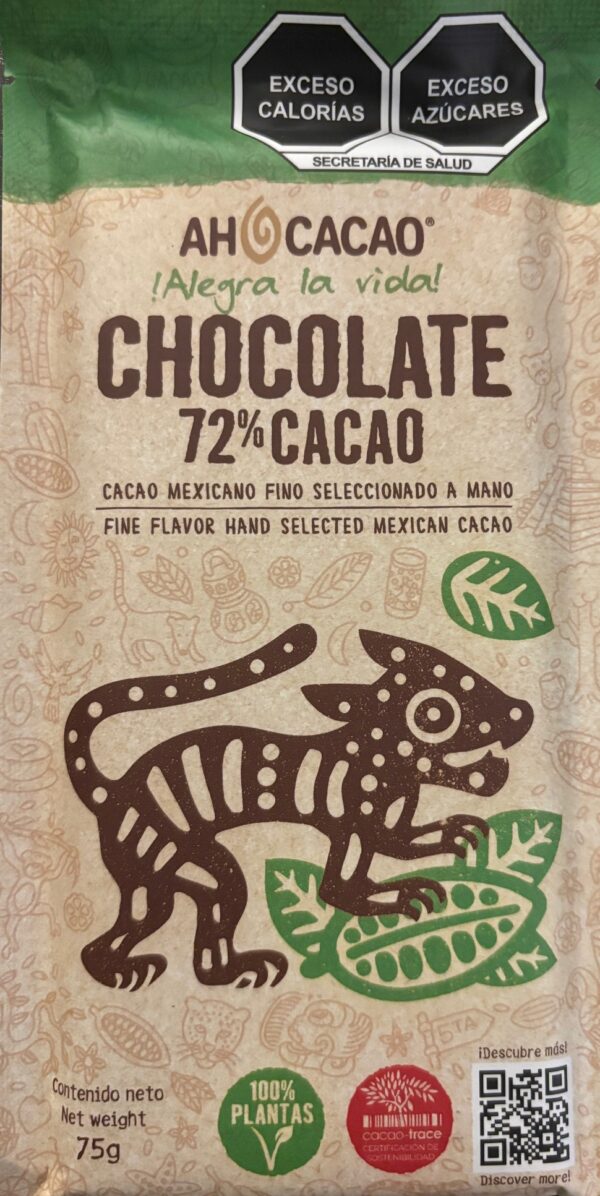 Front packaging of Ah Cacao Chocolate 72% Cacao with drawing of animal
