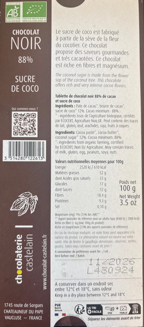 Back of Idyllique Noir 88% with nutritional facts