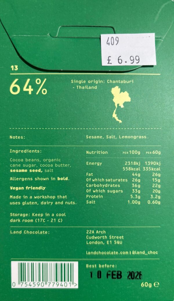 Backside green packaging of Land Toasted Sesame and Salt 64% with nutritional facts