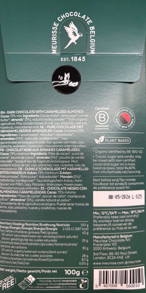 Back of Meurisse Dark Chocolate Caramel & Almonds with nutritional facts