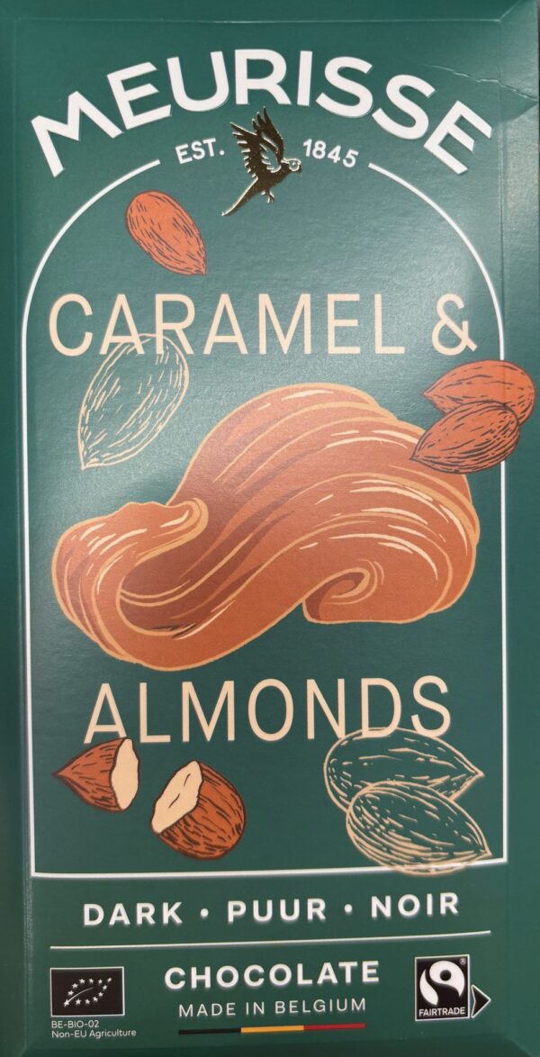 Front of Meurisse Dark Chocolate Caramel & Almonds with dark green background and drawings of caramel and almonds