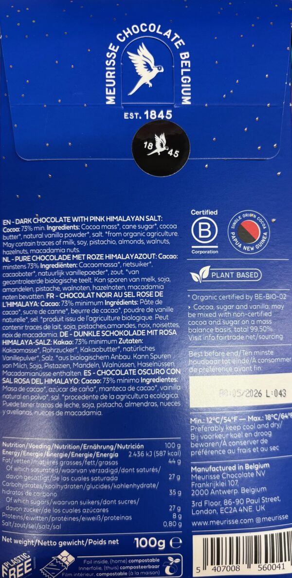 Back of Meurisse Dark Himalayan Salt with nutritional facts