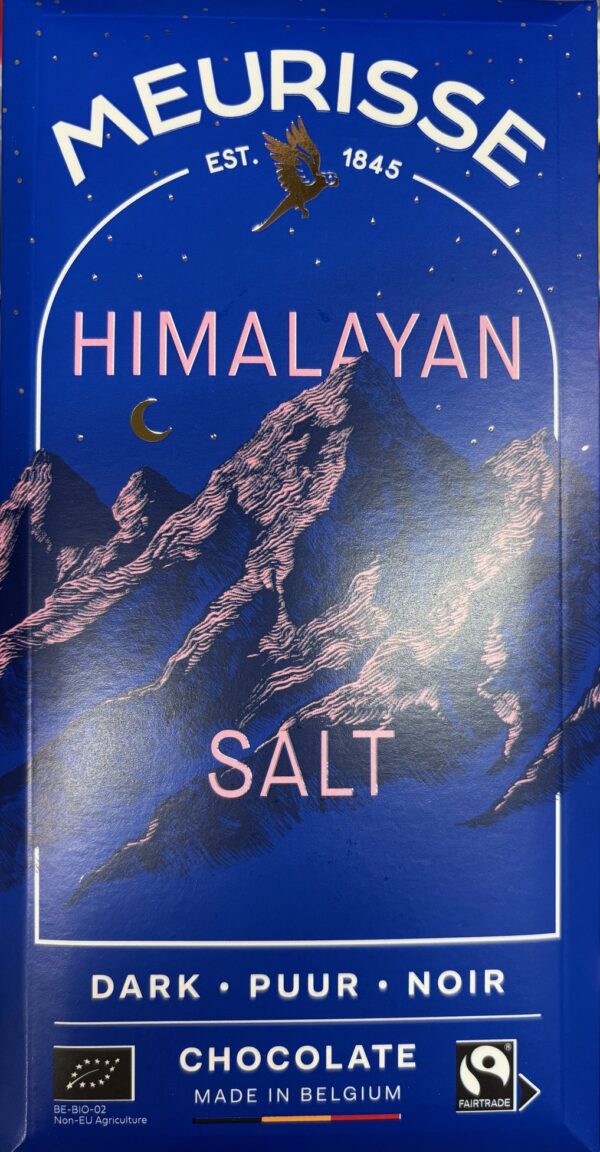 Front packaging of Meurisse Dark Himalayan Salt with blue background and drawing of mountains