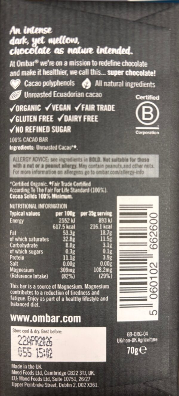 Back packaging of Ombar 100% Cacao with nutritional facts