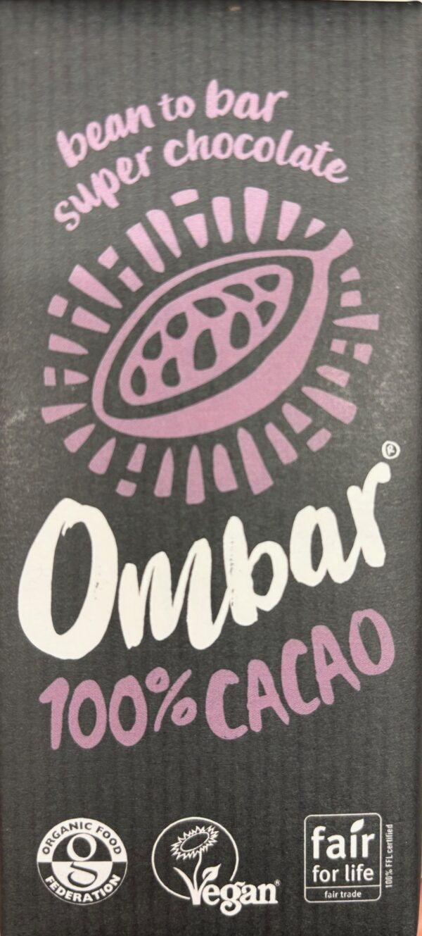 Front packaging of Ombar 100% Cacao with black background and pink text