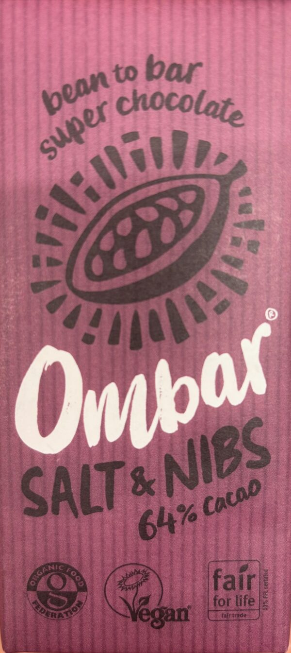 Front packaging of Ombar 64% Cacao Salt & Nibs with magenta background