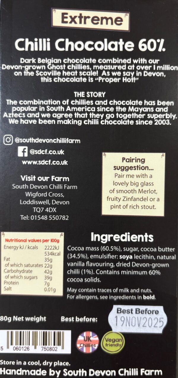 Back packaging of South Devon Chilli Farm 60% Dark with nutritional facts