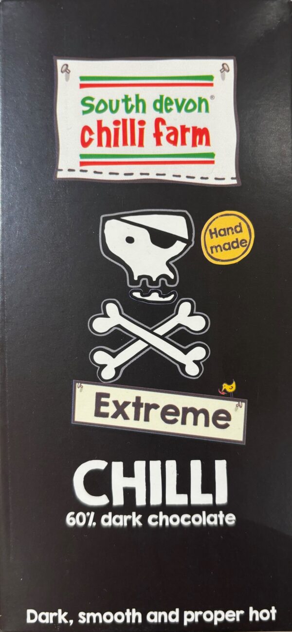 Front packaging of South Devon Chilli Farm 60% Dark with black background and image of a scull