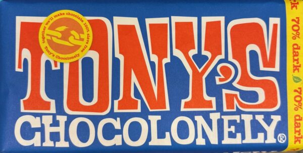 Front packaging of Tony's Chocolonely 70% Dark Chocolate with blue background and 'Tony's' written in large