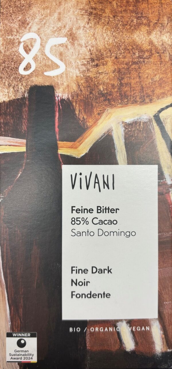 Front packaging of Vivani 85% Cacao Santo Domingo with brown colored background