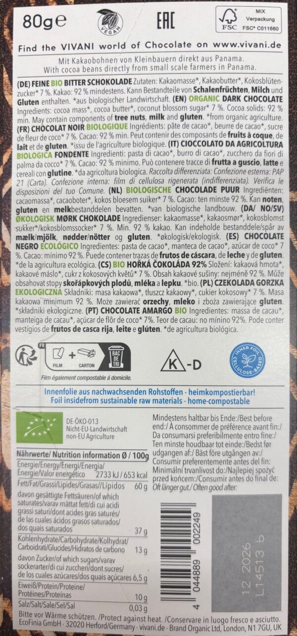 Back packaging of Vivani 85% Cacao Santo Domingo with nutritional information