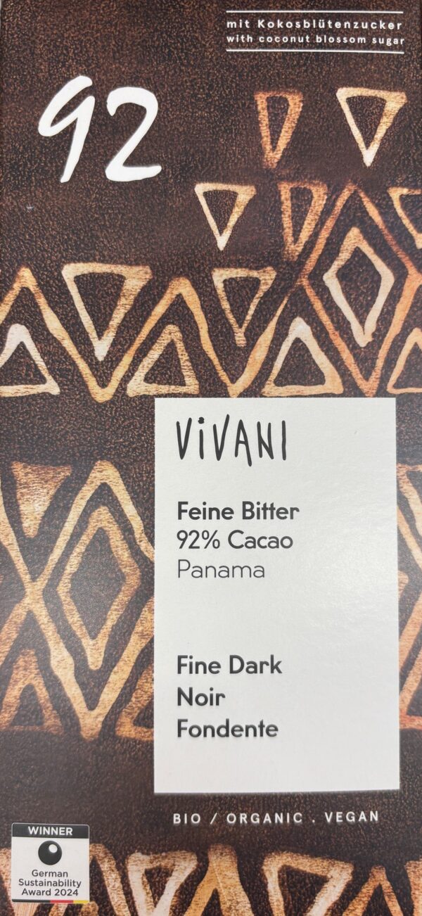 Front packaging of Vivani 92% Cacao Panama with brown background and triangle patterns
